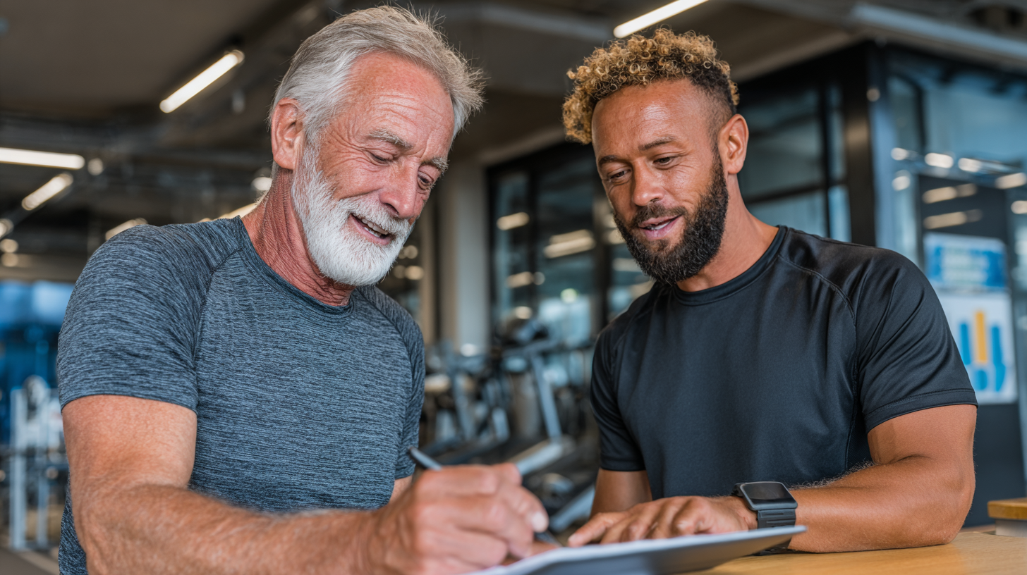 Seniori bucurându-se de sesiuni de fitness digitale personalizate cu echipamente moderne și prietenoase